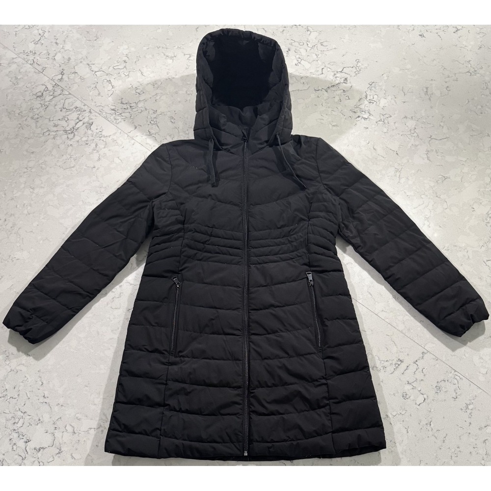 DKNY Hooded Chevron Down Puffer Coat Womens Large Black Long Winter Jacket